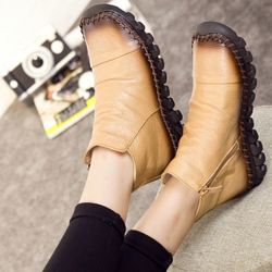 Bottes à fermeture à glissière avec semelle en caoutchouc et cuir à couture à la main - Newchic - Modalova
