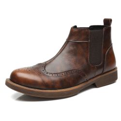 Cuir de vachette homme Vintage Brogue Bande élastique glisser sur des bottes Chelsea - Newchic - Modalova
