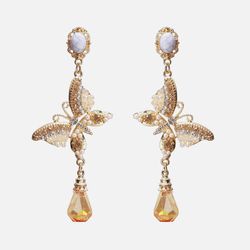 Vintage métal géométrique strass perle papillon boucles d'oreilles papillon cristal pendentif longues boucles d'oreilles - Newchic - Modalova