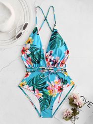 Maillot de bain Imprimé floral Tropical String ouvert au dos Criss Cross One Piece Beachwear - Newchic - Modalova