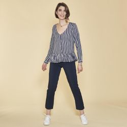 Promo : Blouse col V manches longues volant effet froncé - Bleu Marine - 3 SUISSES - Modalova
