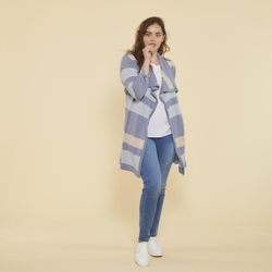 Promo : Gilet long rayé col à revers manches longues - Rayé Bleu Clair - 3 SUISSES - Modalova