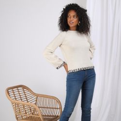 Promo : Pull manches longues plissées évasées et laine contrastée - Ivoire - 3S. x Le Vestiaire - Modalova