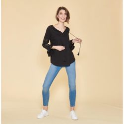 Promo : Tee-shirt col caftan manches longues volantées plis et dentelle - Noir - 3 SUISSES - Modalova