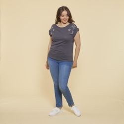 Promo : Tee-shirt fendu manches courtes et punaises grandes tailles - Gris - 3 SUISSES - Modalova