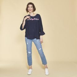Promo : Tee-shirt manches 3/4 volantées broderie et ouverture dos - Bleu Marine - 3 SUISSES - Modalova