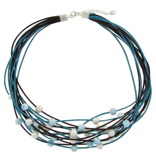Collier Multi Liens Cuir Marron et Bleu et Perles de Larimar - LES POULETTES BIJOUX - Modalova