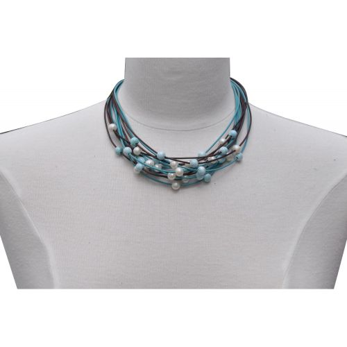 Collier Multi Liens Cuir Marron et Bleu et Perles de Larimar - LES POULETTES BIJOUX - Modalova