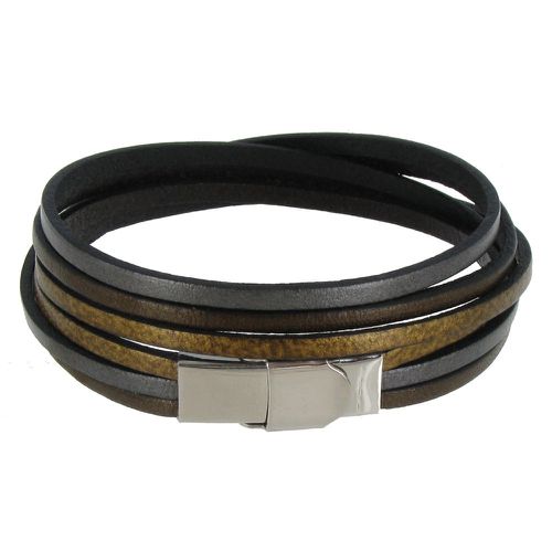 Bracelet Cuir Trois Lanières Bronze Argenté Doré Fermoir Acier Inoxydable - LES POULETTES BIJOUX - Modalova