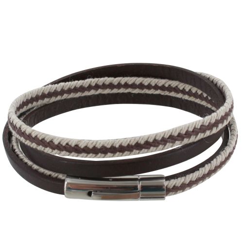Bracelet Double Tour Cuir Foncé Tresse en Lin et Beige - LES POULETTES BIJOUX - Modalova