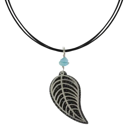 Collier Cordon en Cuir Feuilles de Cuir et Argent 925 Pépites de Larimar - Noir - LES POULETTES BIJOUX - Modalova