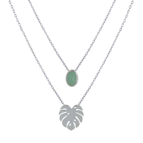 Collier Double Chaine 925 Rhodié Feuille et Ovale d'Aventurine - LES POULETTES BIJOUX - Modalova