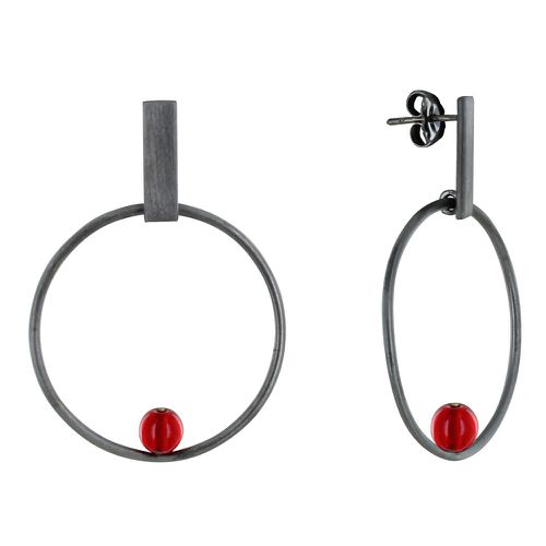 Boucles d'Oreilles Clous Ruthénium Rectangle Plat Cercle et Perle de Verre - Rouge - LES POULETTES BIJOUX - Modalova