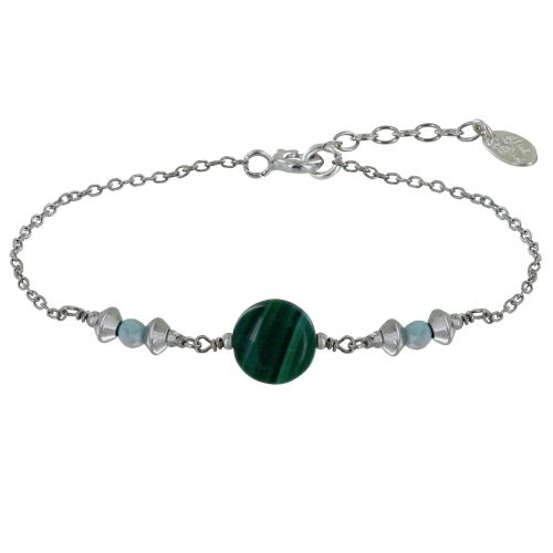 Bracelet Argent 925 Rhodié Un Bouton de Malachite Deux Perles de Larimar Facettées e - LES POULETTES BIJOUX - Modalova