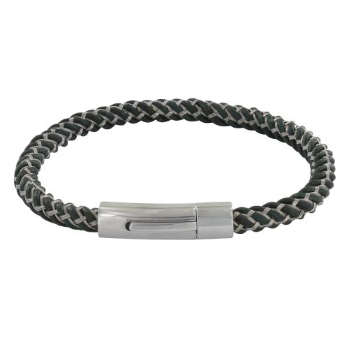 Bracelet Cuir et Acier Tréssé Rond - Vert kaki - LES POULETTES BIJOUX - Modalova