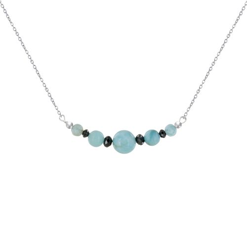 Collier Chaine Argent 925 Rhodié Cinq Perles de Larimar et Quatre Diamants Noirs Fac - LES POULETTES BIJOUX - Modalova