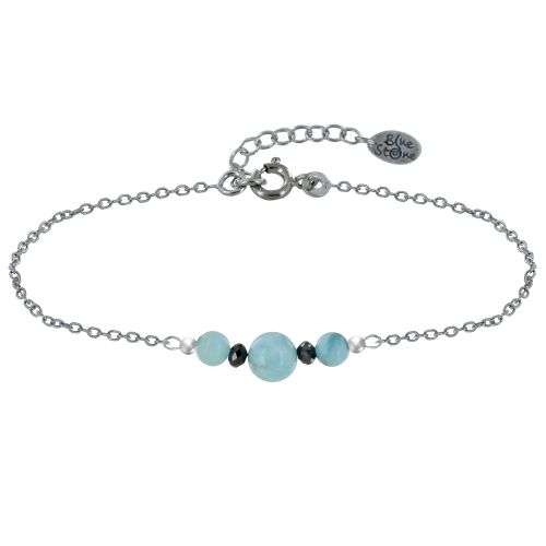 Bracelet Chaine Argent 925 Rhodié Trois Perles de Larimar et Deux Diamants Noirs Fac - LES POULETTES BIJOUX - Modalova