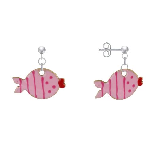 Boucles d'Oreilles Argent 925 Petit Poisson à Pois et Lignes Emaillées - Rose - LES POULETTES BIJOUX - Modalova