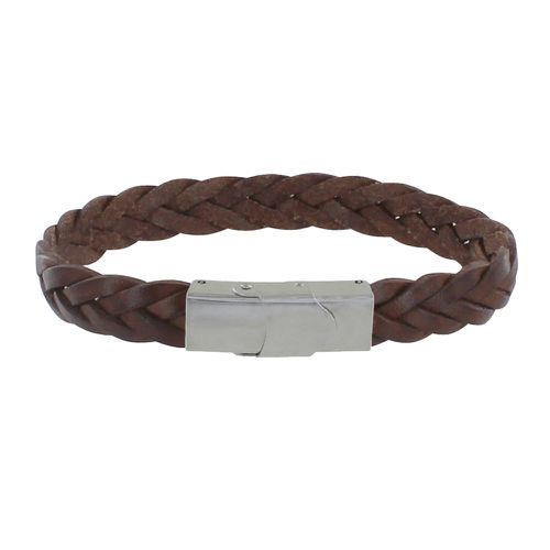 Bracelet Cuir Foncé Tréssé Plat Fermoir Acier Inoxydable - LES POULETTES BIJOUX - Modalova