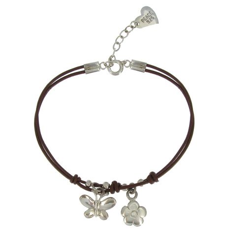 Bracelet Fleur et Papillon Argent Fil Cuir Foncé - LES POULETTES BIJOUX - Modalova