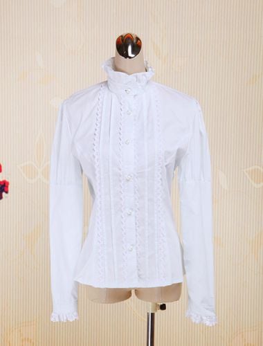 Coton blanc Lolita Blouse manches longues Stand collier dentelle Ruffles garniture Dguisements Halloween - Milanoo FR - Modalova
