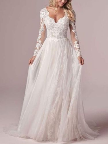 Robe de marie simple robe de mariage en dentelle col V manche longue transparente dcollet trane - Milanoo - Modalova