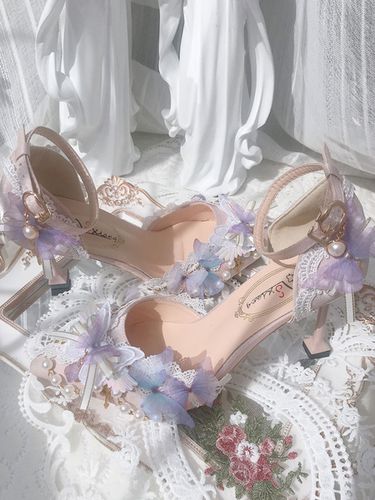 Rose lolita chaussures perles papillon dentelle textile talon talon talon - Milanoo FR - Modalova