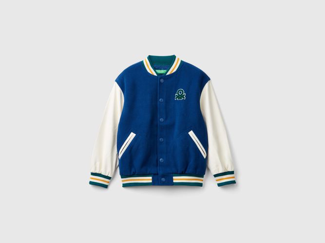 Benetton, Bomber En Mélange De Laine Avec Broderie Dans Le Dos, taille 2XL, Bleu, Enfants - United Colors of Benetton - Modalova