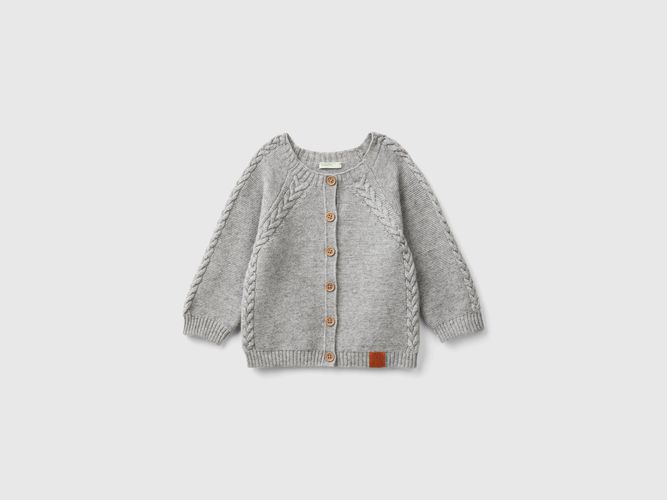 Benetton, Cardigan Con Trecce In Misto Lana Riciclata, taglia 50, Grigio Chiaro, Bambini - United Colors of Benetton - Modalova