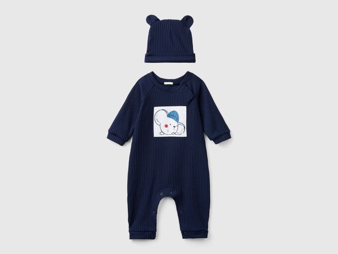 Benetton, Ensemble Barboteuse Et Bonnet En Mélange De Viscose Extensible, taille 3-6, Bleu Foncé, Enfants - United Colors of Benetton - Modalova