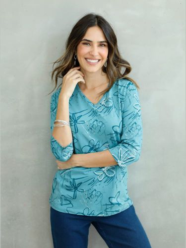 T-shirt imprimé en coton encolure en v manches 3/4 - Witt - Modalova