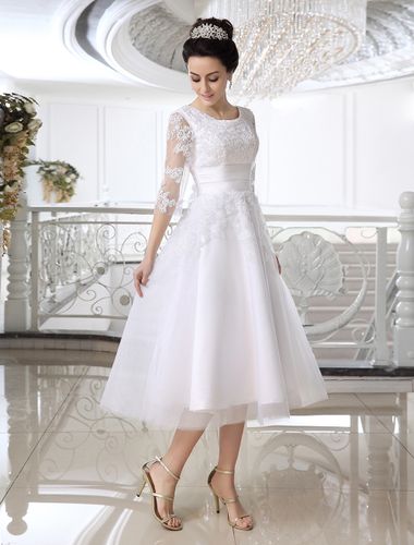 Robe mariée simple demi-manche broderie laçage sur dos longueur sur cheville Robe de mariée - milanoo.com - Modalova