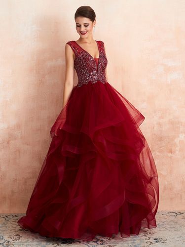 Robe mariée col v plongeat dos transparent décoré de pailletes jupe évasée en tulle Robe de mariée - milanoo.com - Modalova