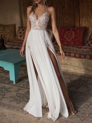 Robe de mariée Boho col en V sans manche Robe en dentelle perlé dos nu Robe de mariée à la plage - milanoo.com - Modalova