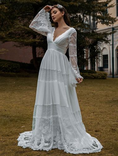 Robe de mariée bohème col V manche longue dos nu à traîne - milanoo.com - Modalova