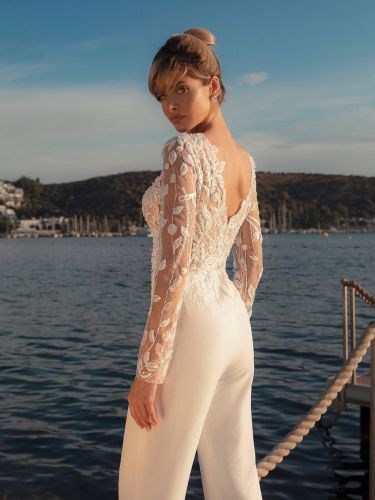 Combinaison de mariée tenue soirée cocktail mariage col bateau manche longue - milanoo.com - Modalova