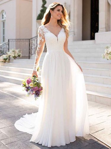 Robe de mariée simple blanche col V manche longue en dentelle - milanoo.com - Modalova