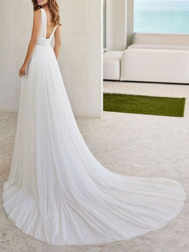 Robe de mariée simple en dentelle col V sans manches à traîne - milanoo.com - Modalova