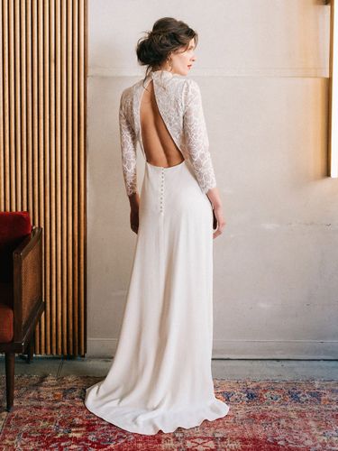 Robe de mariée simple col montant manche longue au sol - milanoo.com - Modalova