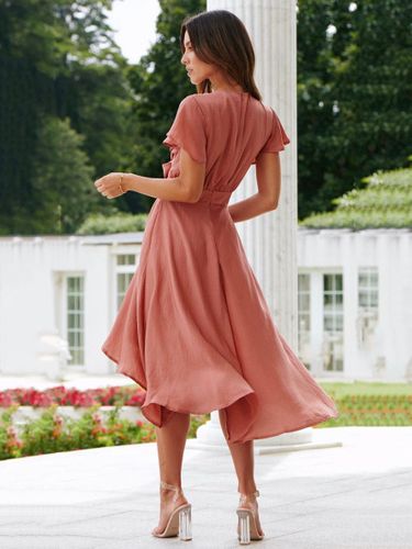 Robe midi à manches courtes col en V coupe asymétrique nouée - milanoo.com - Modalova