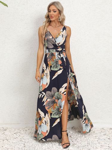 Robe Longue Fleurie Fendue Col En V À Bretelle Sexy Décontracté Robe De Plage - milanoo.com - Modalova