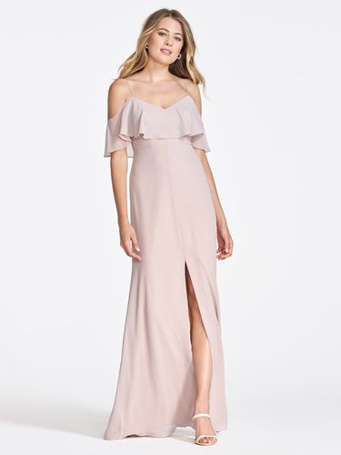 Robe de demoiselle d\'honneur en mousseline de soie rose épaules dénudées robes longues fendues à volants - milanoo.com - Modalova