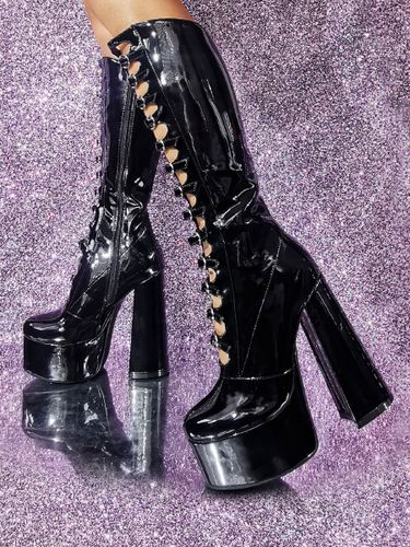 Bottes hautes au genou Plateforme supérieure en PU verni Talon épais Boucle Détail Bottes sexy - milanoo.com - Modalova