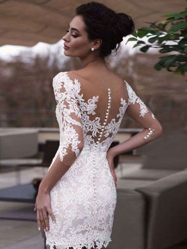 Robes de mariée courtes décolleté illusion manches 3/4 fourreau - milanoo.com - Modalova