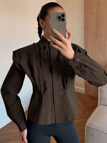 Chemisier bicolore en coton marron et plissé sur le devant coupe ajustée manches à revers - milanoo.com - Modalova