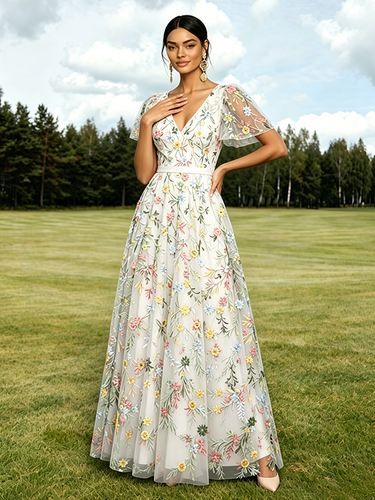 Robe longue de soirée lilas poudré en tulle brodé de fleurs col V manches courtes papillon coupe trapèze robe d'invitée de mariage - milanoo.com - Modalova