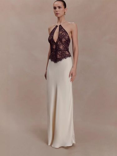 Robe de soirée longue blanche en dentelle sans manches dos nu taille haute à rayures - milanoo.com - Modalova