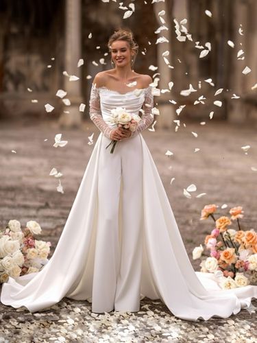 Combinaison de mariée Robe de mariée 2 Pièces Cou original Tissu de satin détail zip Robes de mariée - milanoo.com - Modalova