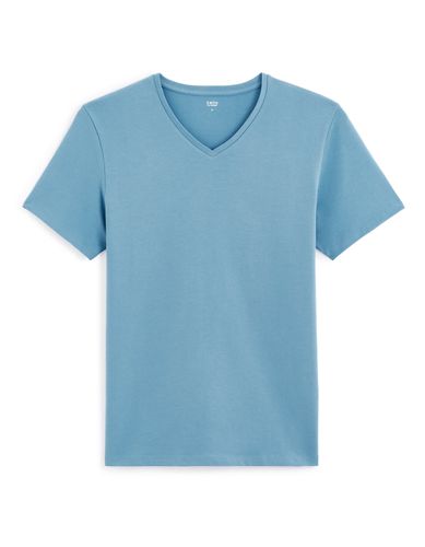 T-shirt slim col V en coton stretch - bleu - camaieu - Modalova