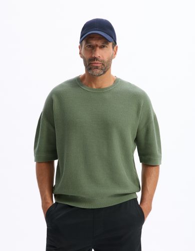 T-shirt boxy en maille col rond 100% coton - kaki - camaieu - Modalova